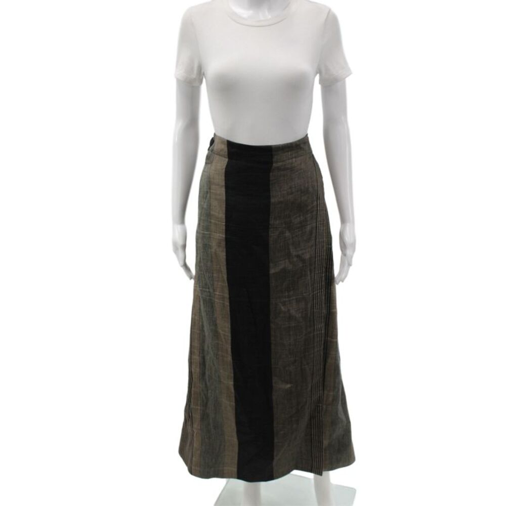 Sara Roka Womens Black Striped Linen Wrap Skirt Long Size 40